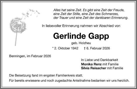 Traueranzeige von Gerlinde Gapp von Memminger Zeitung