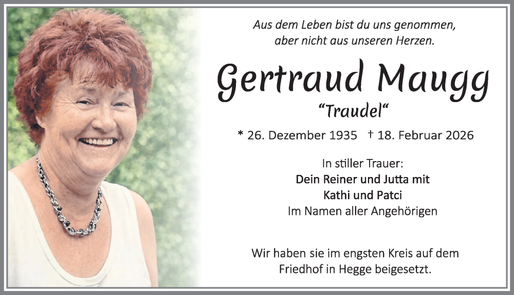  Traueranzeige für Gertraud Maugg vom 28.02.2026 aus Allgäuer Zeitung,Kempten