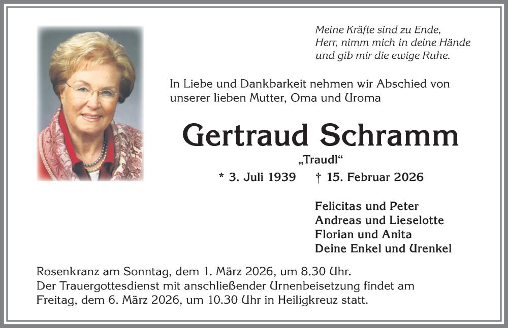  Traueranzeige für Gertraud Schramm vom 28.02.2026 aus Allgäuer Zeitung,Kempten