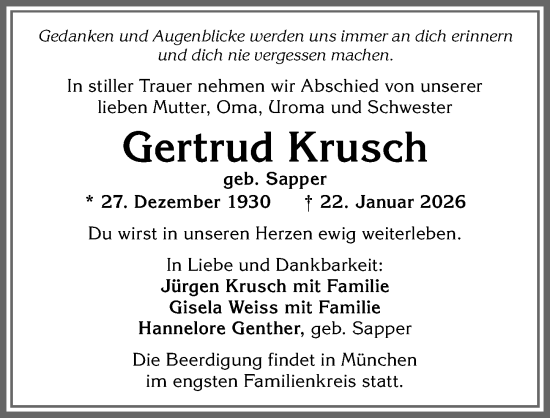 Traueranzeige von Gertrud Krusch von Allgäuer Anzeigeblatt