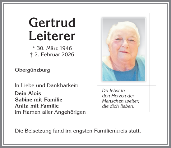 Traueranzeige von Gertrud Leiterer von Allgäuer Zeitung, Marktoberdorf