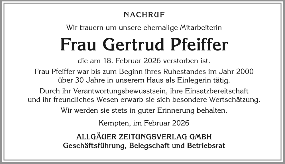  Traueranzeige für Gertrud Pfeiffer vom 28.02.2026 aus Allgäuer Zeitung,Kempten