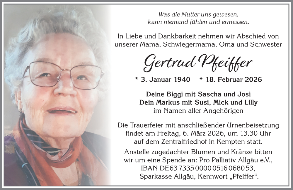  Traueranzeige für Gertrud Pfeiffer vom 28.02.2026 aus Allgäuer Zeitung,Kempten