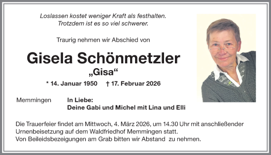 Traueranzeige von Gisela Schönmetzler von Memminger Zeitung