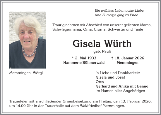 Traueranzeige von Gisela Würth von Memminger Zeitung