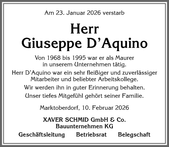 Traueranzeige von Giuseppe DAquino von Allgäuer Zeitung, Marktoberdorf