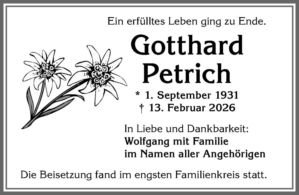  Traueranzeige für Gotthard Petrich vom 28.02.2026 aus Allgäuer Zeitung,Kempten
