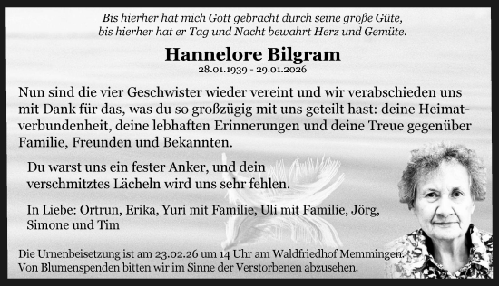 Traueranzeige von Hannelore Bilgram von Memminger Zeitung