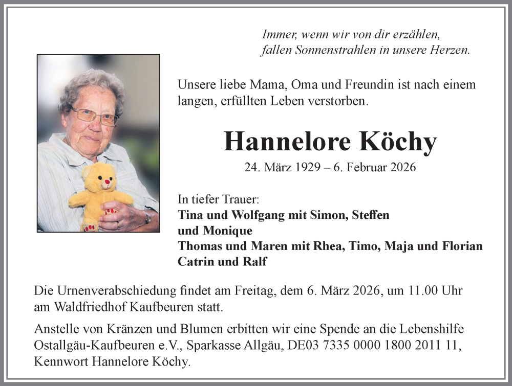  Traueranzeige für Hannelore Köchy vom 28.02.2026 aus Allgäuer Zeitung, Kaufbeuren/Buchloe