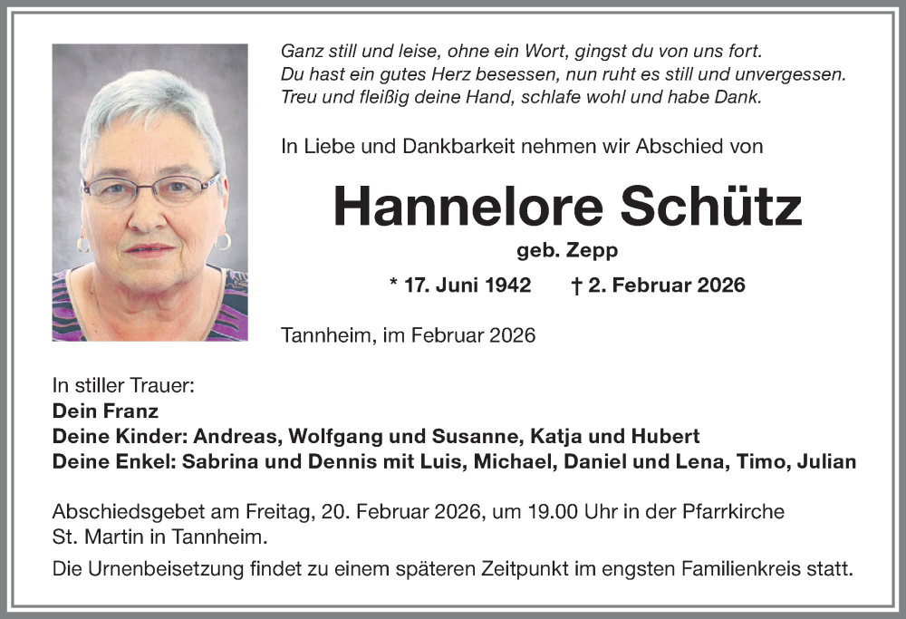  Traueranzeige für Hannelore Schütz vom 18.02.2026 aus Memminger Zeitung
