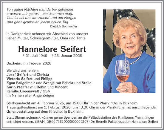 Traueranzeige von Hannelore Seifert von Memminger Zeitung
