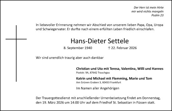 Traueranzeige von Hans-Dieter Settele von Allgäuer Zeitung, Füssen
