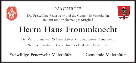 Traueranzeige von Hans Frommknecht von Der Westallgäuer