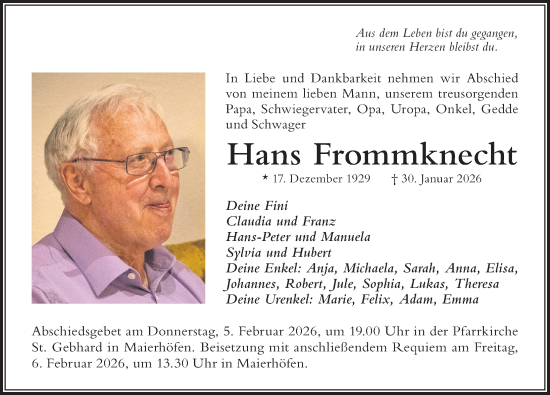 Traueranzeige von Hans Frommknecht von Der Westallgäuer