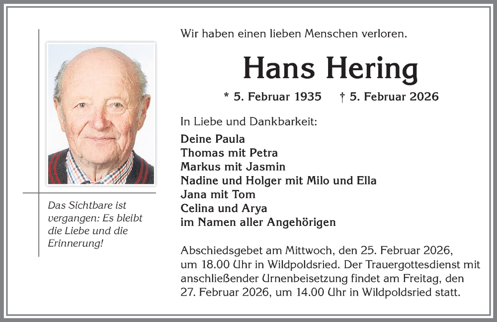  Traueranzeige für Hans Hering vom 21.02.2026 aus Allgäuer Zeitung,Kempten