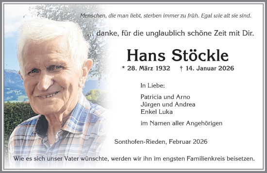 Traueranzeige von Hans Stöckle von Allgäuer Anzeigeblatt