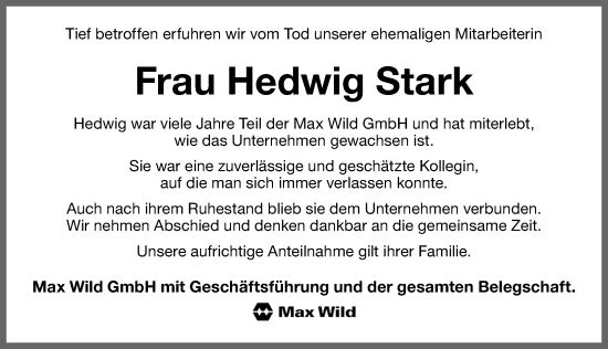 Traueranzeige von Hedwig Stark von Memminger Zeitung