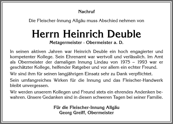 Traueranzeige von Heinrich Deuble von Der Westallgäuer