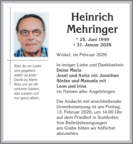 Traueranzeige von Heinrich Mehringer von Allgäuer Anzeigeblatt