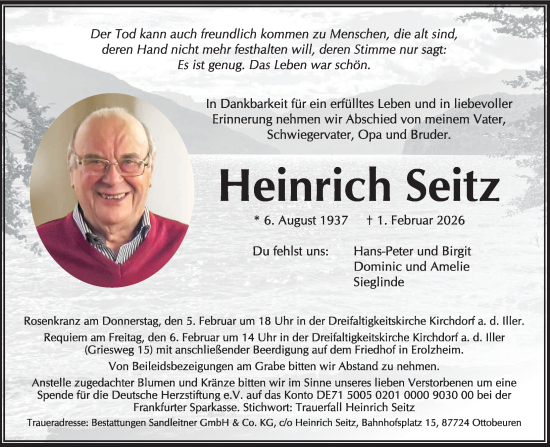 Traueranzeige von Heinrich Seitz von Illertisser Zeitung, Augsburger Allgemeine