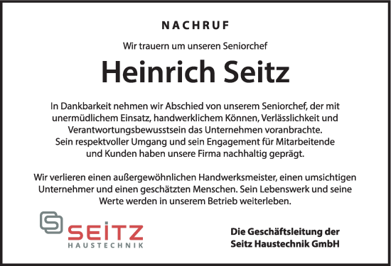 Traueranzeige von Heinrich Seitz von Memminger Zeitung