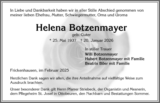 Traueranzeige von Helena Botzenmayer von Memminger Zeitung