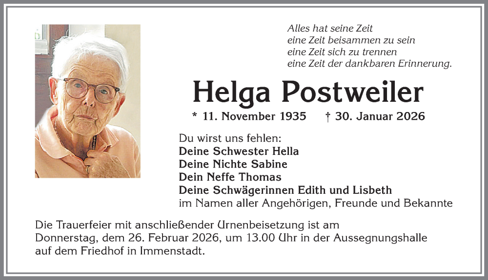  Traueranzeige für Helga Postweiler vom 21.02.2026 aus Allgäuer Anzeigeblatt