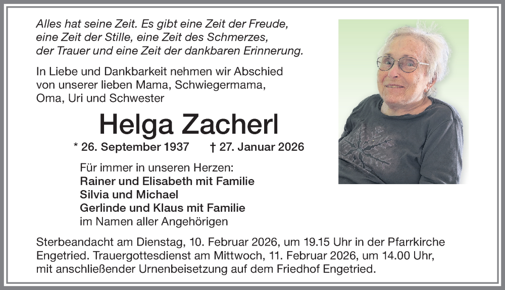  Traueranzeige für Helga Zacherl vom 07.02.2026 aus Memminger Zeitung