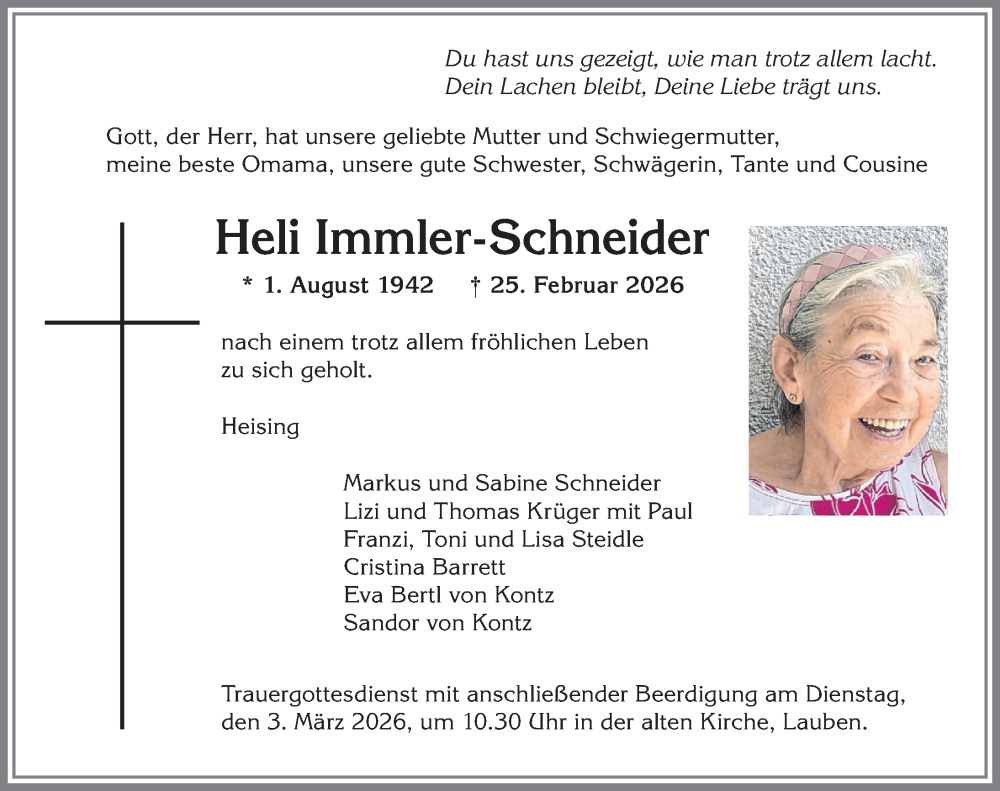  Traueranzeige für Heli Immler-Schneider vom 28.02.2026 aus Allgäuer Zeitung,Kempten