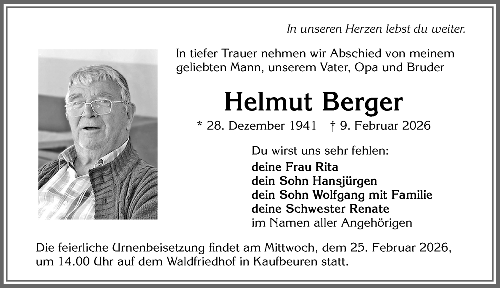  Traueranzeige für Helmut Berger vom 21.02.2026 aus Allgäuer Zeitung, Kaufbeuren/Buchloe