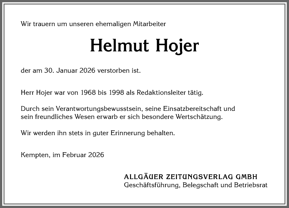  Traueranzeige für Helmut Hojer vom 06.02.2026 aus Allgäuer Zeitung, Gesamtausgabe