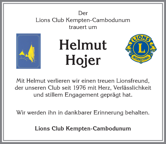 Traueranzeige von Helmut Hojer von Allgäuer Zeitung,Kempten