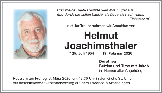 Traueranzeige von Helmut Joachimsthaler von Memminger Zeitung