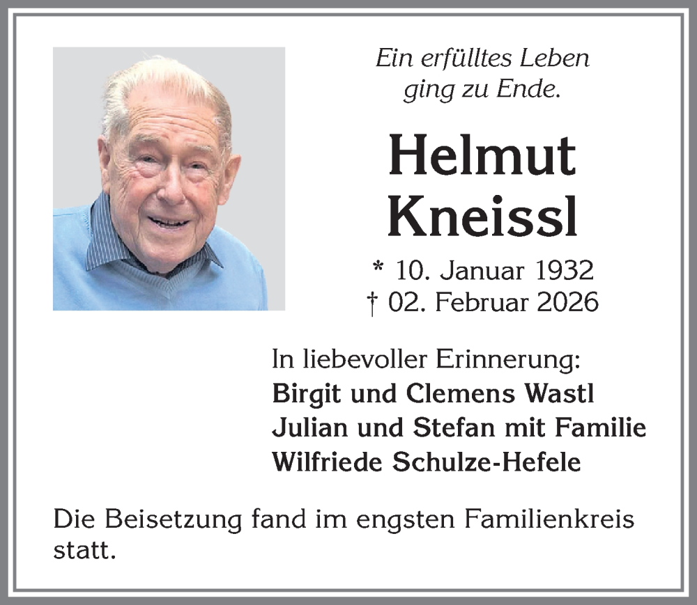  Traueranzeige für Helmut Kneissl vom 28.02.2026 aus Allgäuer Zeitung,Kempten
