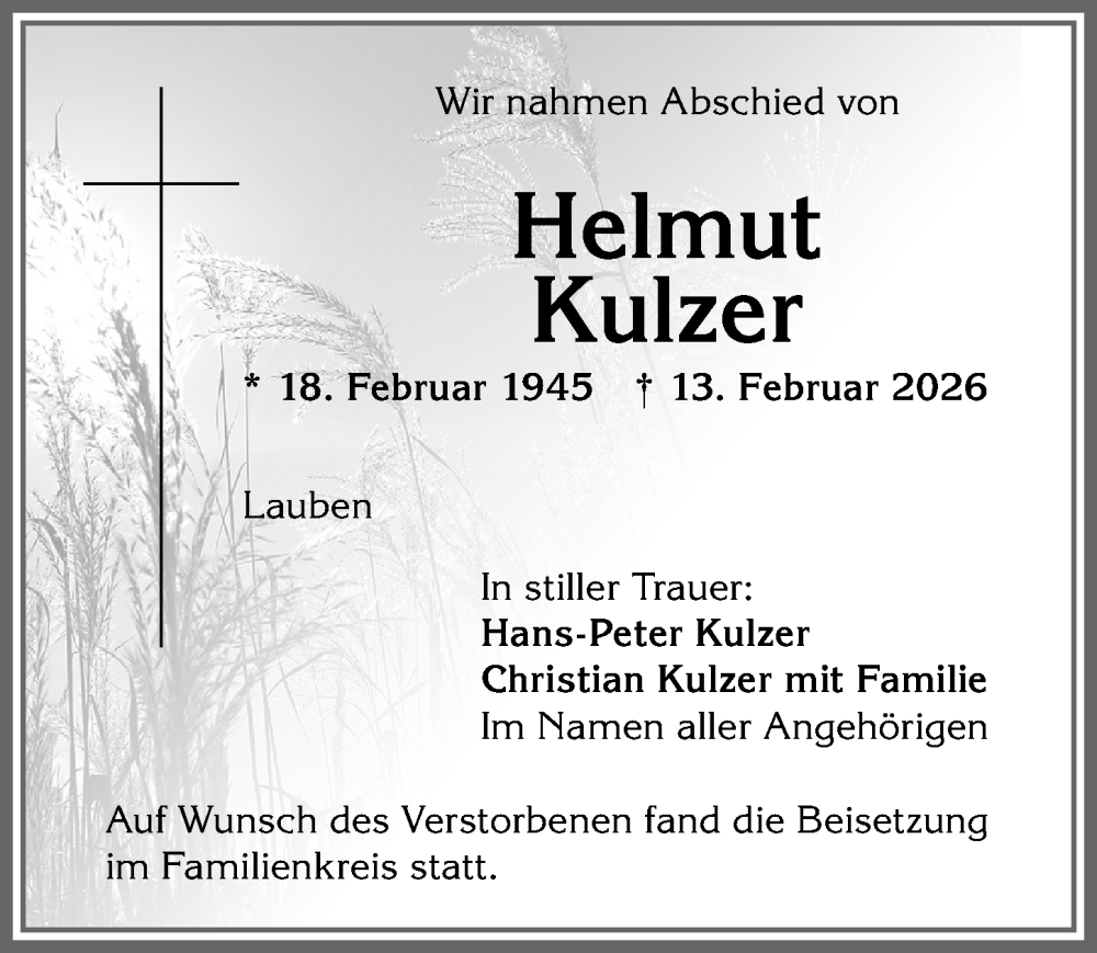  Traueranzeige für Helmut Kulzer vom 28.02.2026 aus Allgäuer Zeitung,Kempten