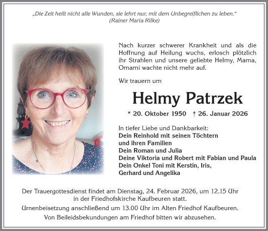Traueranzeige von Helmy Patrzek von Allgäuer Zeitung, Kaufbeuren/Buchloe