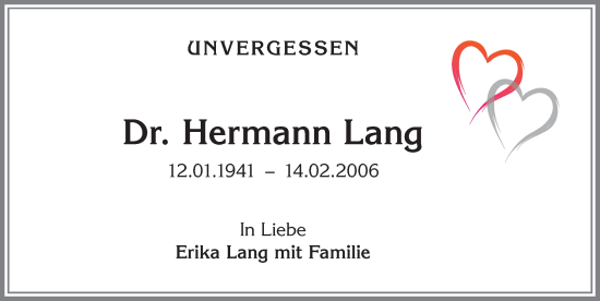 Traueranzeige von Hermann Lang von Memminger Zeitung