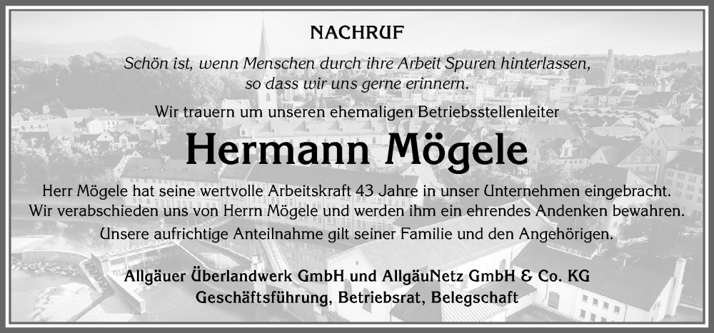  Traueranzeige für Hermann Mögele vom 28.02.2026 aus Allgäuer Zeitung,Kempten
