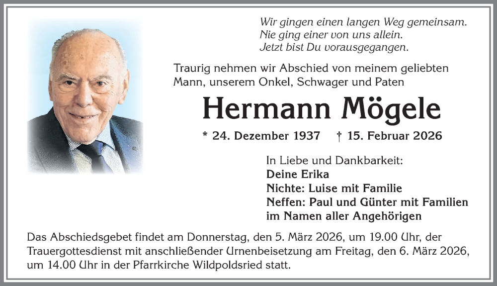  Traueranzeige für Hermann Mögele vom 28.02.2026 aus Allgäuer Zeitung,Kempten