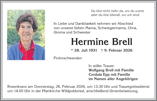 Traueranzeige von Hermine Brell von Allgäuer Zeitung,Kempten
