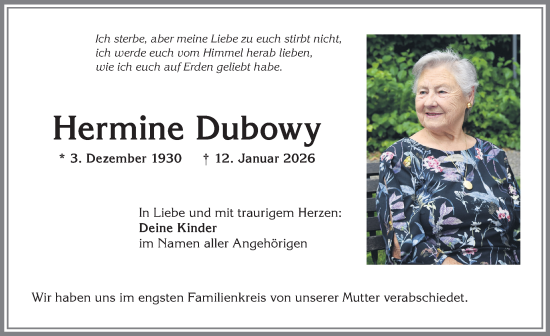 Traueranzeige von Hermine Dubowy von Allgäuer Zeitung,Kempten