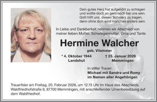 Traueranzeige von Hermine Walcher von Memminger Zeitung