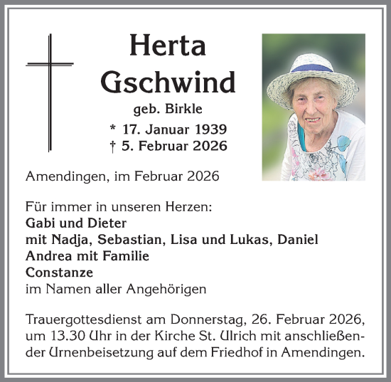 Traueranzeige von Herta Gschwind von Memminger Zeitung