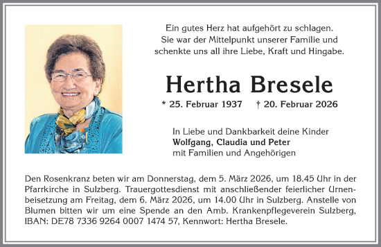 Traueranzeige von Hertha Bresele von Allgäuer Zeitung,Kempten