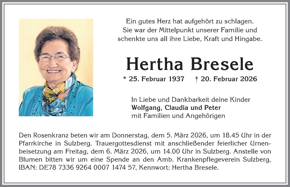  Traueranzeige für Hertha Bresele vom 28.02.2026 aus Allgäuer Zeitung,Kempten