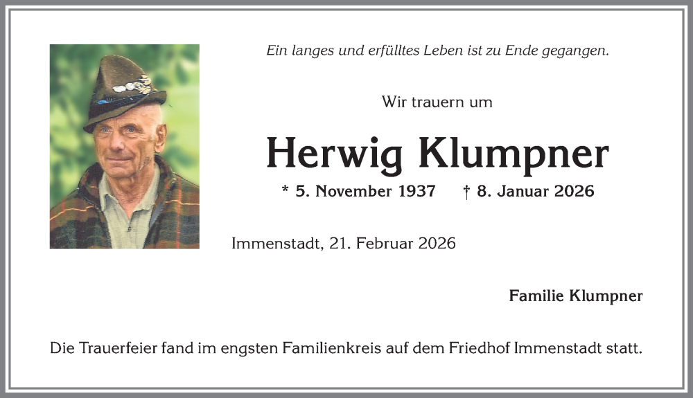  Traueranzeige für Herwig Klumpner vom 21.02.2026 aus Allgäuer Anzeigeblatt