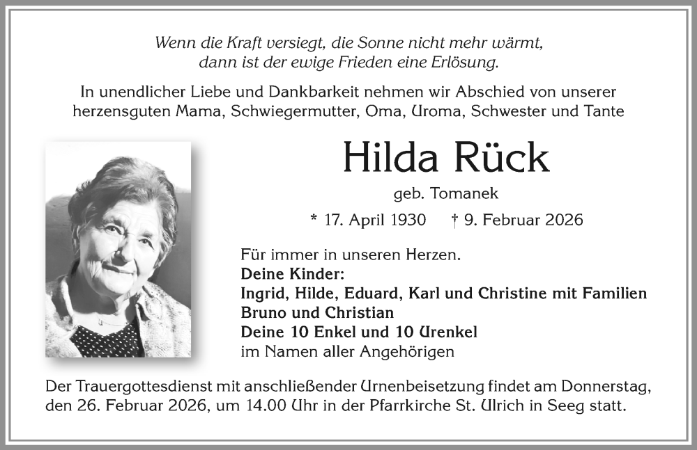  Traueranzeige für Hilda Rück vom 21.02.2026 aus Allgäuer Zeitung, Füssen