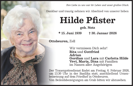 Traueranzeige von Hilde Pfister von Memminger Zeitung