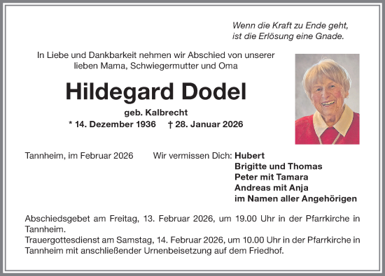 Traueranzeige von Hildegard Dodel von Memminger Zeitung