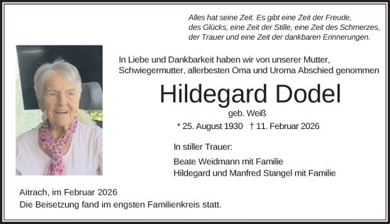 Traueranzeige von Hildegard Dodel von Memminger Zeitung